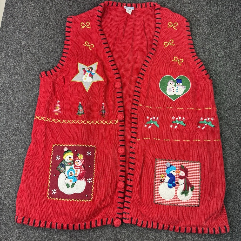Vtg Holiday Editions Knit Sweater Vest Buttons Christmas Tree Snowmen Teacher 1X